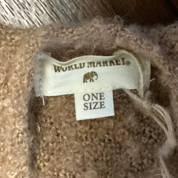 World Market Windowpane Turtleneck Boucle Poncho in Tan/Gray/White NWT OS - Picture 7 of 8